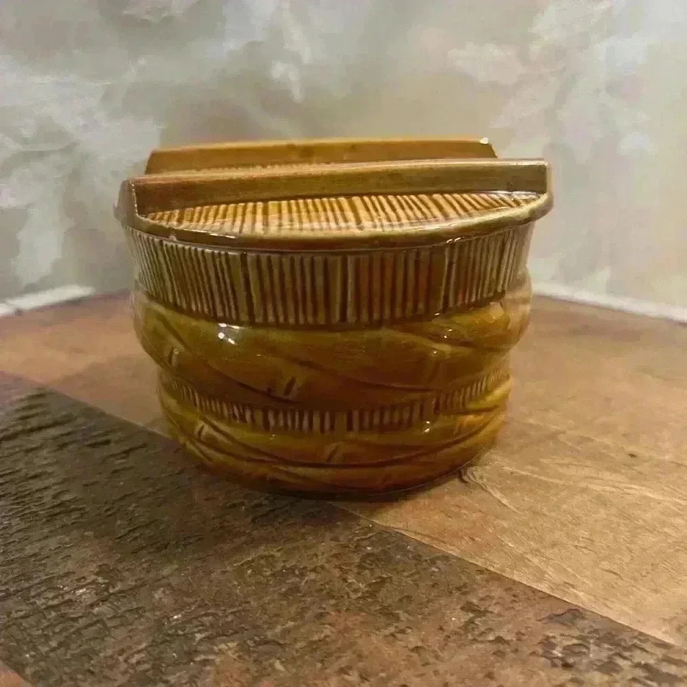 Vintage Ceramic Basket with Lid Sugar Bowl Trinket Box  Brown Glossy Finish